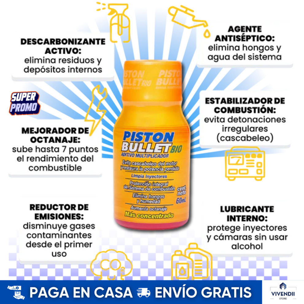 🔧ADITIVO PISTON BULLET BIO PARA CARROS Y MOTOS - AUMENTA POTENCIA Y AHORRA COMBUSTIBLE DESDE EL PRIMER USO